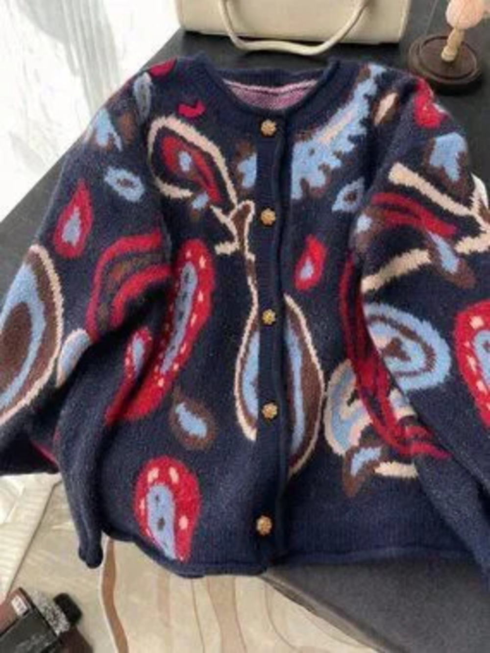 ZARA Blue Casual Women's all over print Plus-Size Knit Cardigan